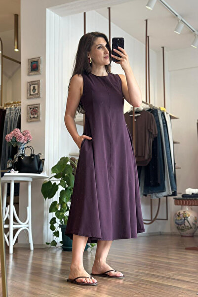 Unique Boutique Plum Soft Textured Midi Length Dress with Pockets