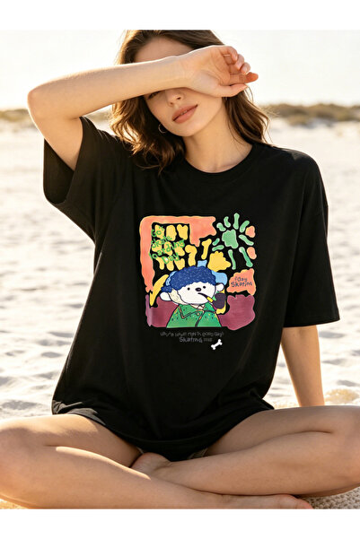 Fleck Womens T Shirts Boy With Math Goes Out Skating Fun Cartoon Print Oversi...