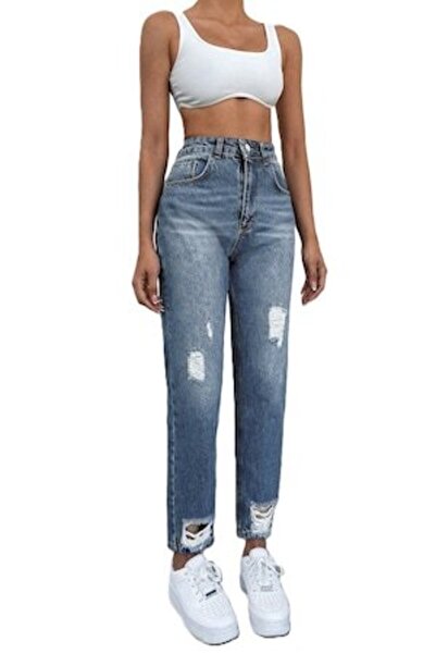 StreetWear Outlet Women's Jeans, High Waist Mom Fit Cut with Rips, Blue, 38 EU