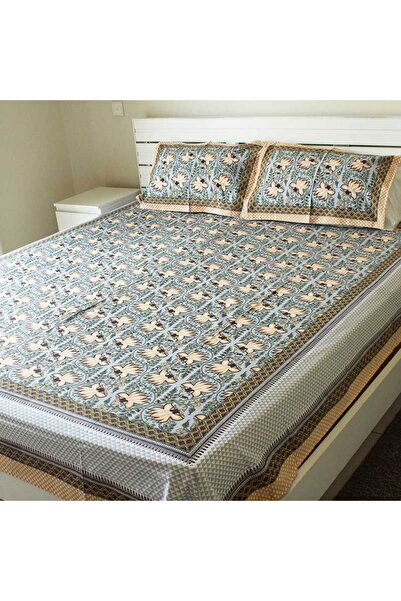 Weswadesi Bedsheet with 2 Pillow Covers – Light Yellow, Brown and Grey printed