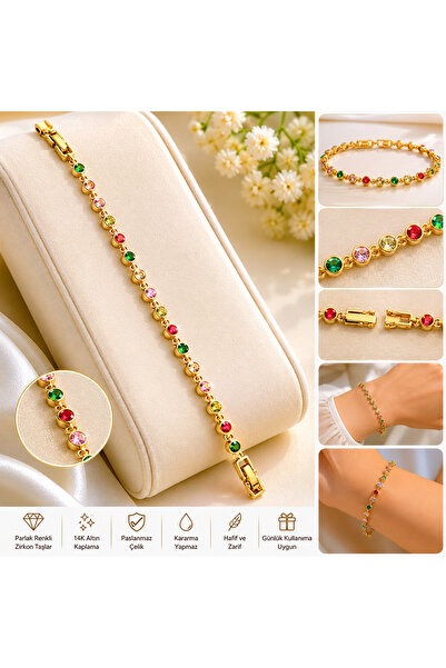 Mervişim Aksesuar Women's Gold Color Steel Bracelet with Colorful Zircon Stones
