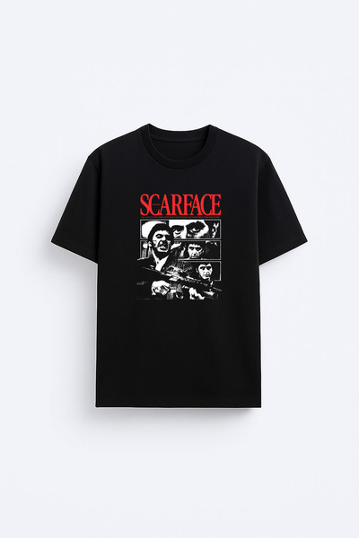 cesita تي شيرت أسود مطبوع عليه Scarface برقبة دائرية