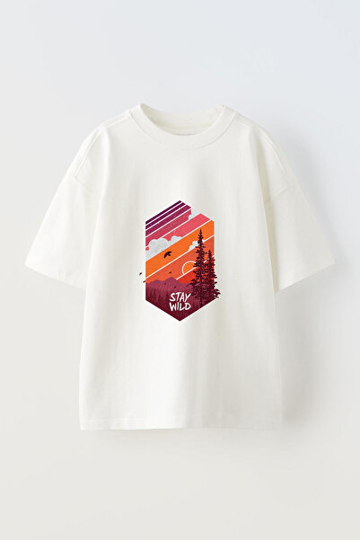 Anetos Tricou supradimensionat alb din bumbac cu imprimeu frontal, design Ret...