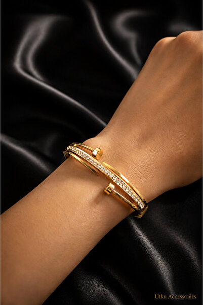 utkuergin Stainless Steel Gold Stone Cuffed Steel Bracelet