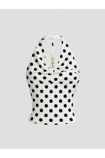 Wildco White Polka Dot Halter Neck Draped Crop Blouse Women's Blouse with Gold Accessory Detail
