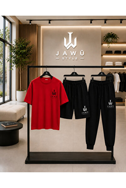 JAWÜ STYLE تي شيرت مطبوع وشورت رياضي وبدلة رياضية 3 قطع كبيرة الحجم للبالغين