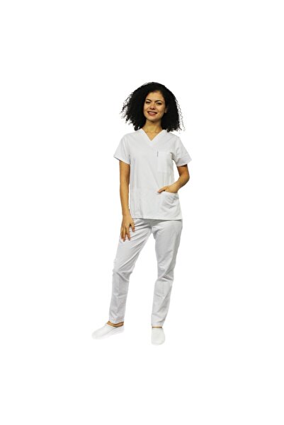 RUNI Costum medical cu elastan alb, dama, format din bluza cu anchior in V si...