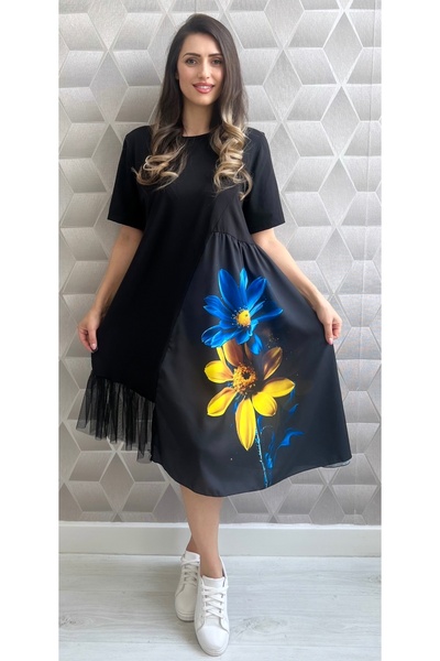 styleFlex Asymmetrical Cotton Dress with Oversized Floral Printed and Tulle R...