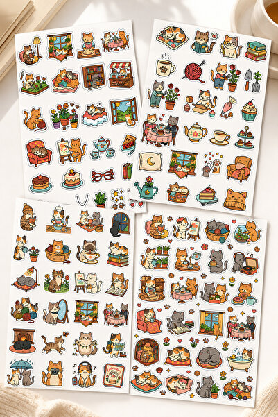 BieneGift Sevimli Kedi Sticker Seti 4 Sayfa – Cat Lovers Ajanda, Defter, Jour...