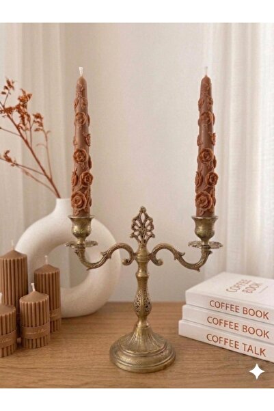 SCA CANDLE Dekoratif Mum şamdanlık Mum çiçek desenli 2 Kili Kahve renk 20x2,2 Cm