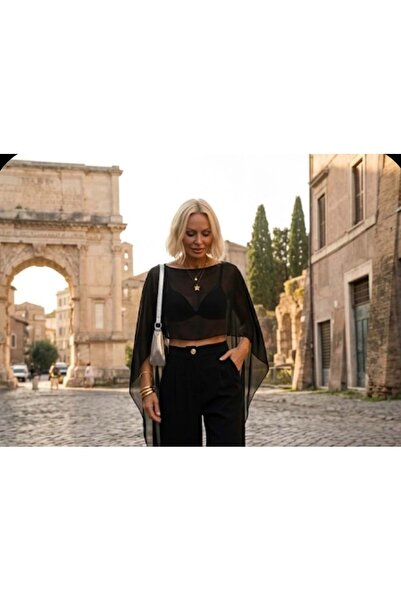 ibeeka Asymmetric chiffon see-through tulle crop cape