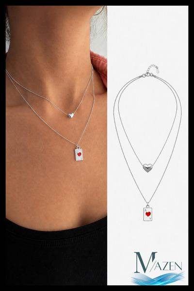 MAZEN Double Heart and Card Necklace |   Silver Color |   Layered Women's Jew...