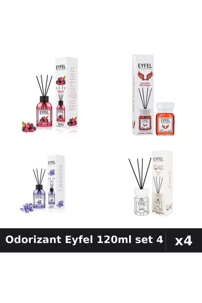 Eyfel Set 4 Odorizante Camera cu Betisoare 120ml - Lavanda, Bumbac, Fructe Pă...