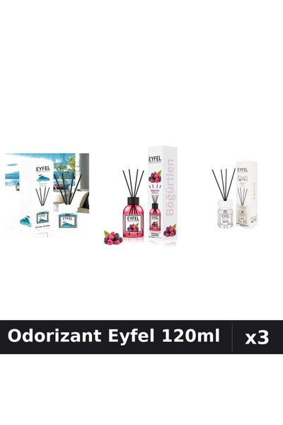 Eyfel Set 3 Odorizante Camera cu Betisoare 120ml - Ocean, Fructe Pădure, Bumbac