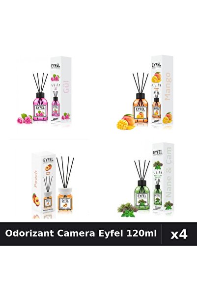 Eyfel Set 4 Odorizant Camera cu Betisoare - Trandafir, Mango, Piersica, Pin M...