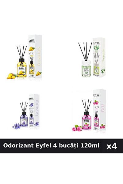 Eyfel Set 4 Odorizant Cameră cu Betișoare 120ml - Ananas, Iasomie, Lavandă, T...