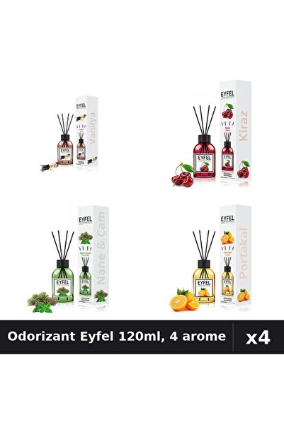Eyfel Set 4 Odorizant Cameră cu Betișoare 120ml - Vanilie, Cireșe, Pin și Men...
