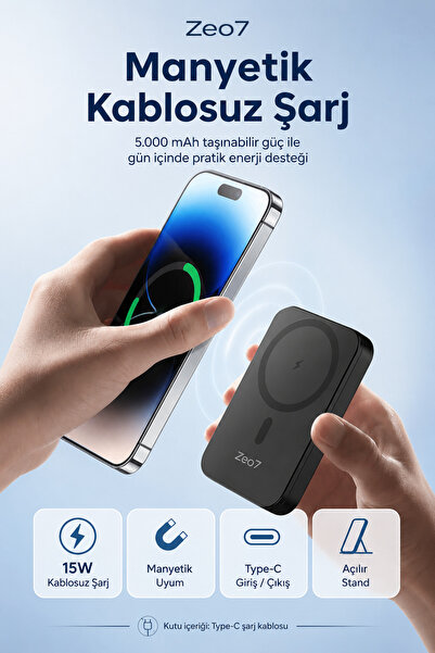 Zeo7 5000 mAh PD 15W MagSafe Uyumlu Kablosuz Taşınabilir Şarj Cihazı Manyetik...