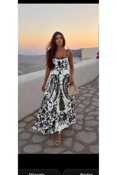 Butik Şenel Rochie din in imprimat cu guler cu perle și bretele
