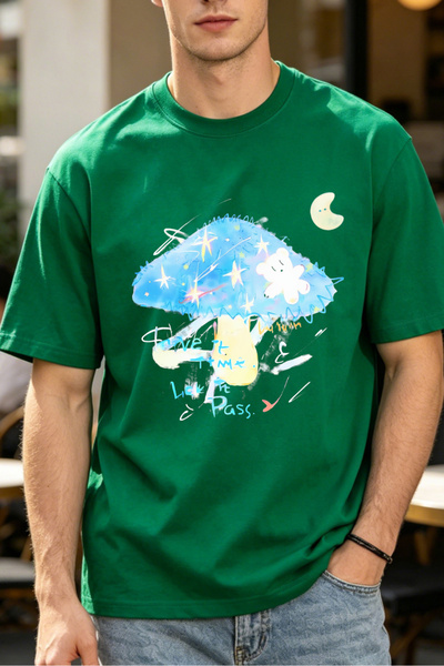 Fleck Casual Style T Shirts For Men Mushroom Galaxy Cat And Moon Mens Printed...