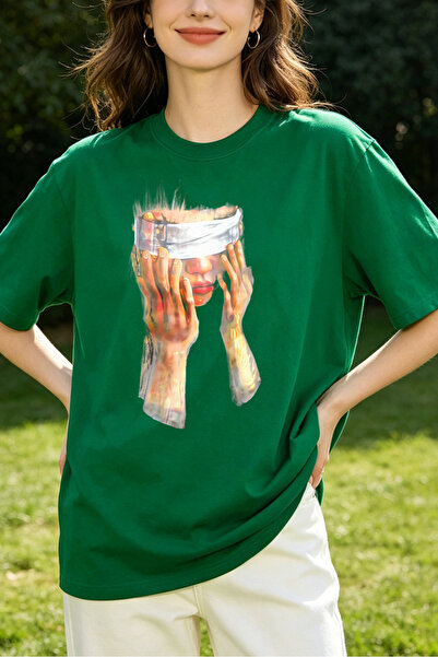 Fleck Womens T Shirts Abstract Art Print Oversized Casual Style Green Color F...