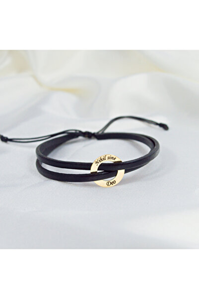 BLACK SWAN Bijoux Bratara barbateasca din piele si disc din aur 14K gravat 'N...