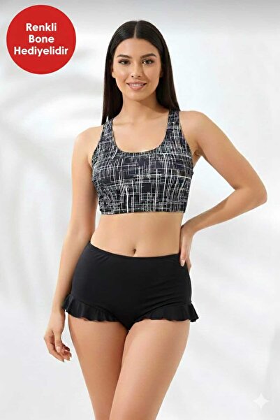 SUERTO Patterned High Waist Badi Bikini Set with Ruffled Bottom and Lining