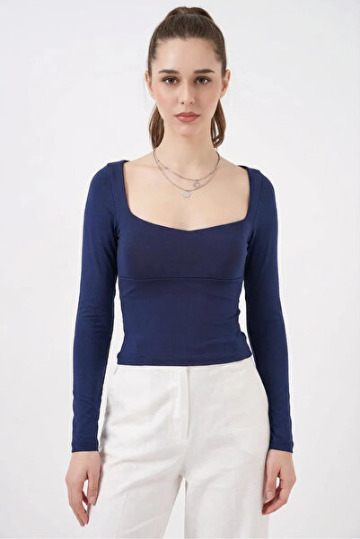 buğrahayalin Women's Square Collar Fitted Fit Navy Blue Blouse