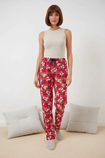 buğrahayalin Women's Lace-Up Waist Striped Bear Patterned Red Pajama Bottoms