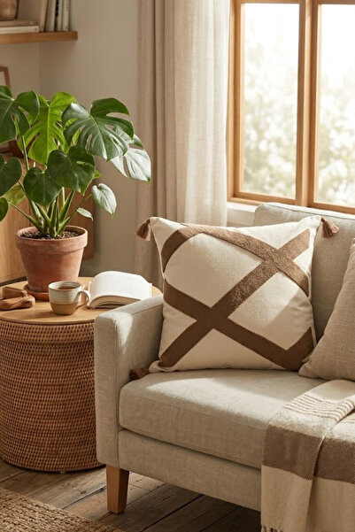 Valmia Home Husă de pernă decorativă cu model perforat și ciucuri, stil boem ...