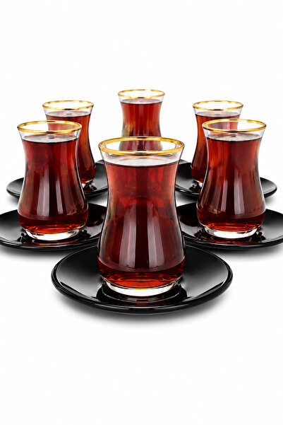Sudedi Home 6-Person Gold Gilded Glass Tea Cup and Black Porcelain Tea Plate ...