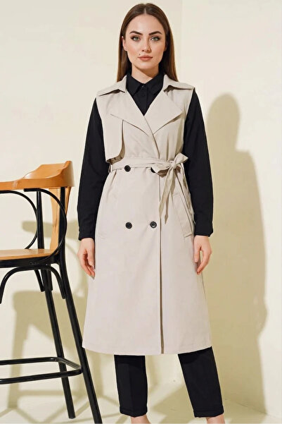 buğrahayalin Women's Double-Breasted Collared Belted Sleeveless Beige Trench ...
