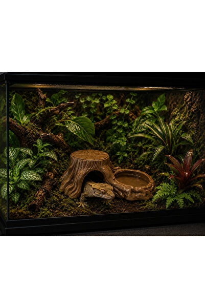 ecraft3D Ağaç Görünümlü Sürüngen Mağara ve Su Kabı Seti