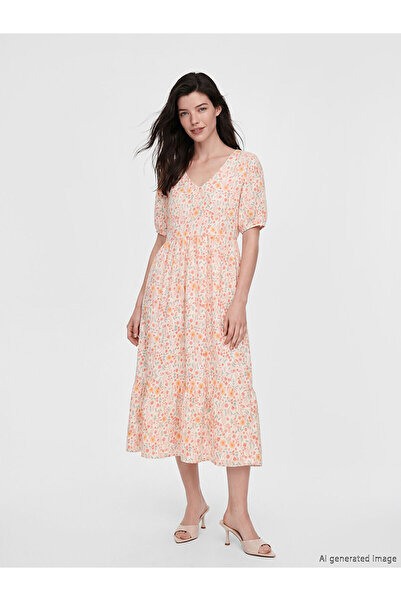 LC Waikiki Peak New Season V-Neck Floral Balloon Sleeve Layered Dress