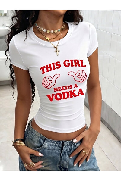 Scrovtie Γυναικείο λευκό στενό μπλουζάκι - This Girls Needs a Vodka 100% βαμβ...
