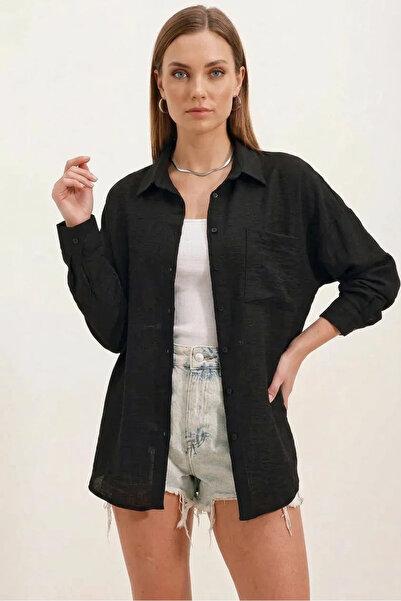 Şeker Portakalım Women's Oversize Single Pocket Viscose Black Shirt