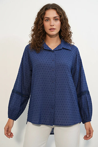 Efnaz style Women's Scallop Detailed Sleeve Oversize Navy Blue Shirt