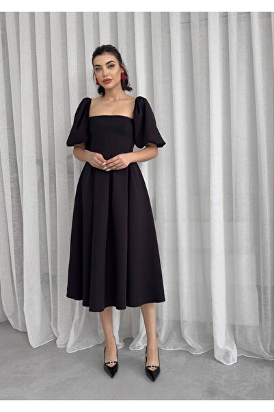 Caddebostan Moda Square Neck Balloon Sleeve Midi Dress with Bell Skirt - Styl...