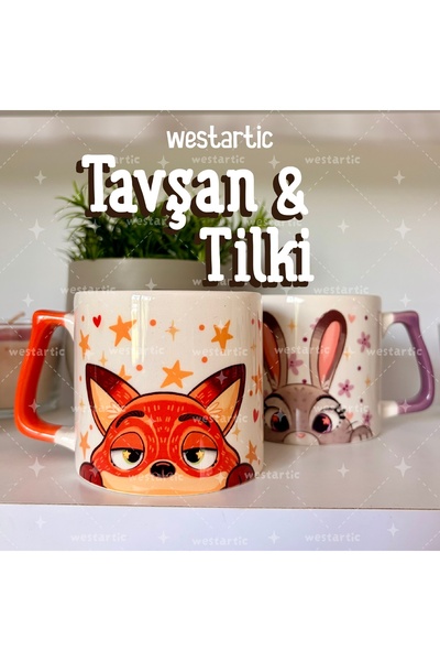 westartic Tavşan Rabbit Mor Çiçekli ve Fox Tilki Yıldızlı Tasarım Kupa Bardak...