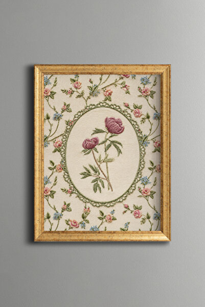 epiqart Embroidery-Look Peony Composition - Vintage Patterned Frame - Slim Model