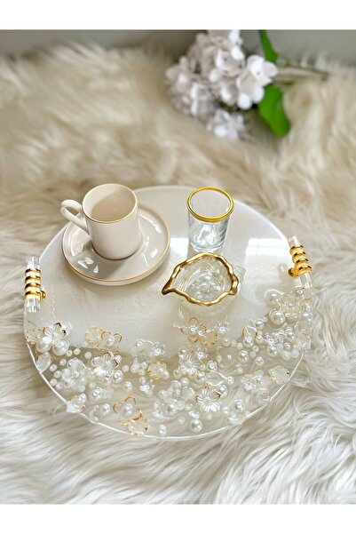 RESİNARTSHOP Epoksi Tepsi İncili | Sedefli Damat Tepsisi -gold-büyük boy (30 cm)