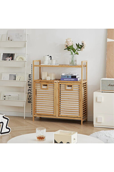 KRM KİRLİ 2 KAT ORGANİZER RAFLI - 2 BÖLMELİ ÖNDEN ÇEK AÇ KALIN AHŞAP BAMBU KİRLİ ÇAMAŞIR SEPETİ 80X3