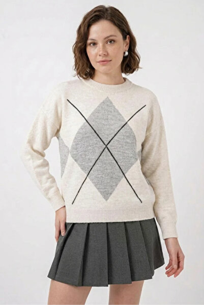 buğrahayalin Women's Round Neck Oversize Diamond Patterned Knitwear Light Gra...