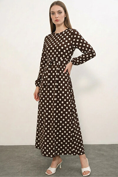 buğrahayalin Women's Round Neck Belted Polka Dot Dark Brown Dress