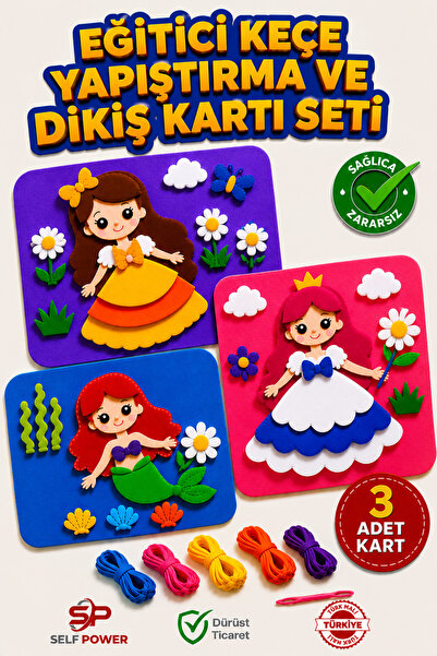 Self Power Eğitici Keçe Yapıştırma ve Dikiş Kartı Seti 3 Adet Kart Çocuk El Becerisi Geliştirici Aktivite Oyuncağı
