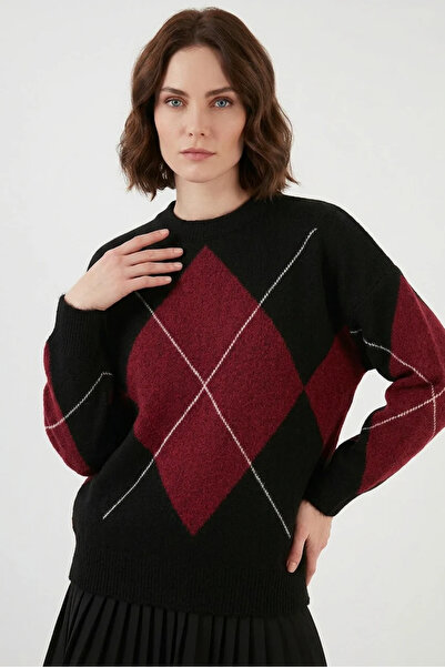 buğrahayalin Women's Round Neck Oversize Diamond Patterned Knitwear Black Swe...