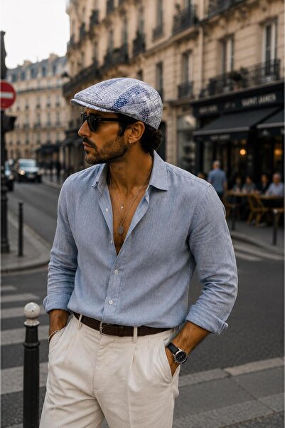 şapkadan Kasket Pamuklu London Flat Cap Şapka Desenli Mavi Beyaz