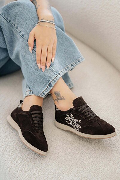 Parponi Polo Women's Leopard Detail Genuine Suede Sports Shoes Brown