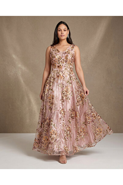 NO BRAND Vrn-Drs-030 |   Pink Evening Dress Embroidered with Floral Patterns