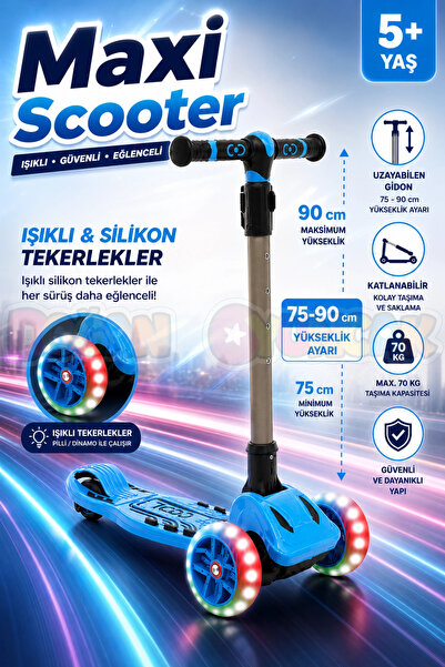 Doğan Oyuncak Dünyası Mavi Maxi Işıklı 3 Tekerlekli Katlanabilir Scooter 6+ -...
